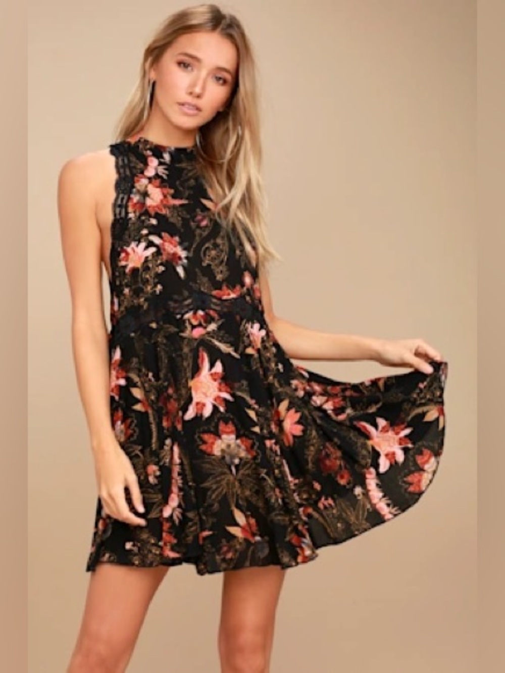 Intimately by Free People size XS Floral Lace-Trim Black Swing Dress